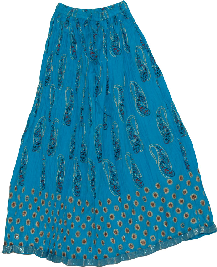 Turquoise Long Skirt in Cotton Crinkle