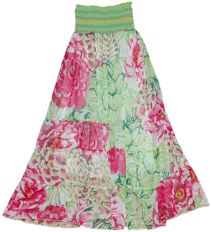 Smocking Chiffon Floral Long Dress Skirt