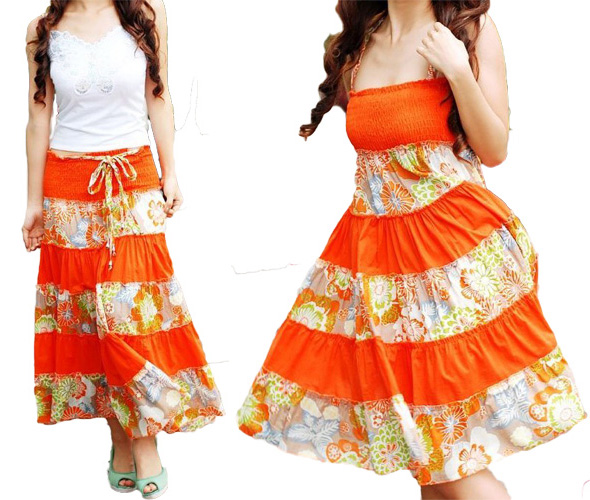 Orange Striped Summer Long Skirt Dress