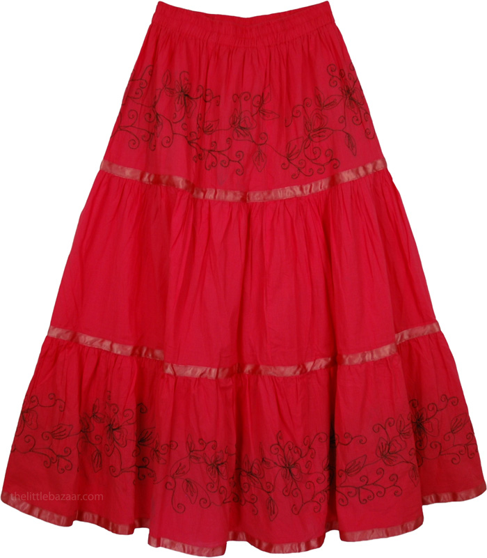 Reddish Pink Poppy Long Cotton Skirt