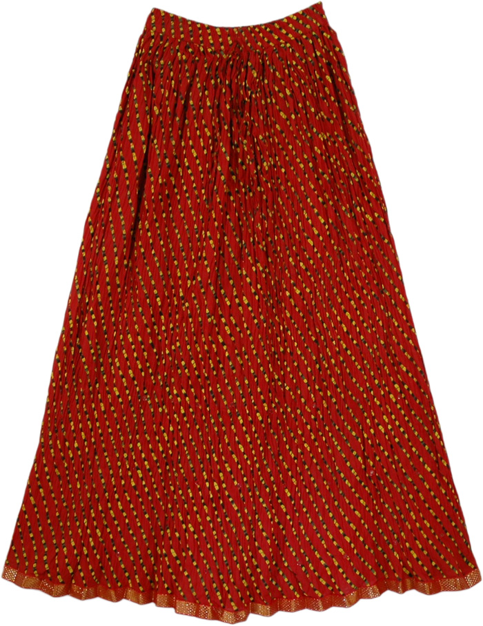 Red Mesh Crinkle Long Skirt with Mirrors