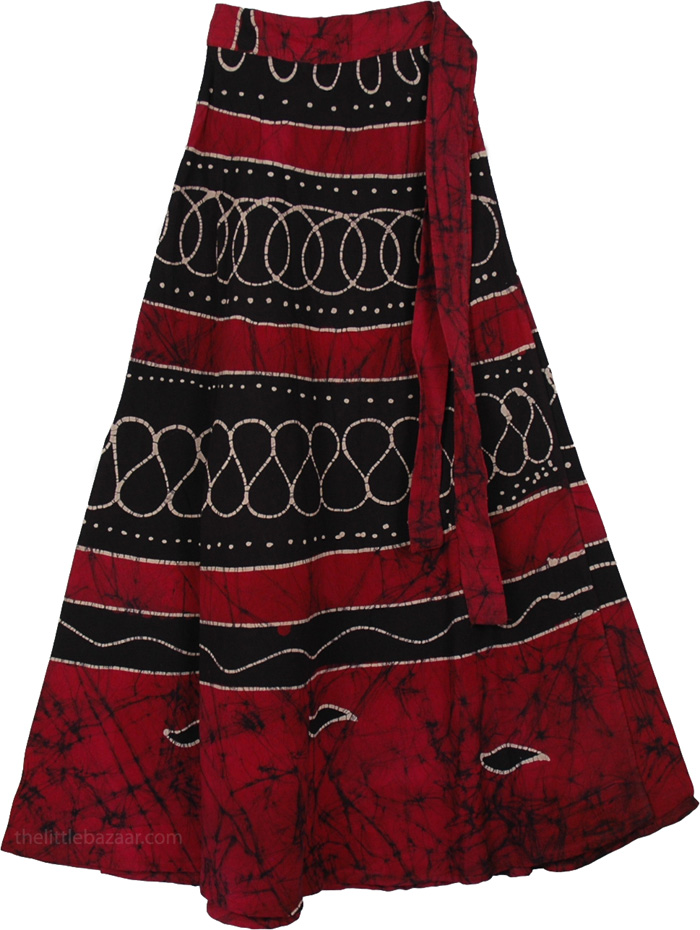 Maroon Black Batik Wrap Long Skirt, Java Tan Dye Wrap Long Skirt