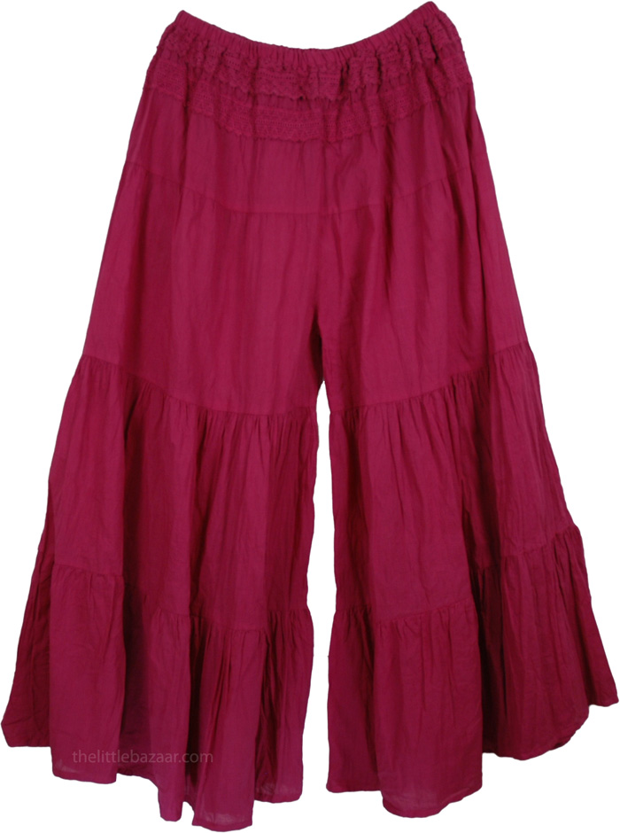 Dark Pink Split Skirt Pants with Elastic Waist