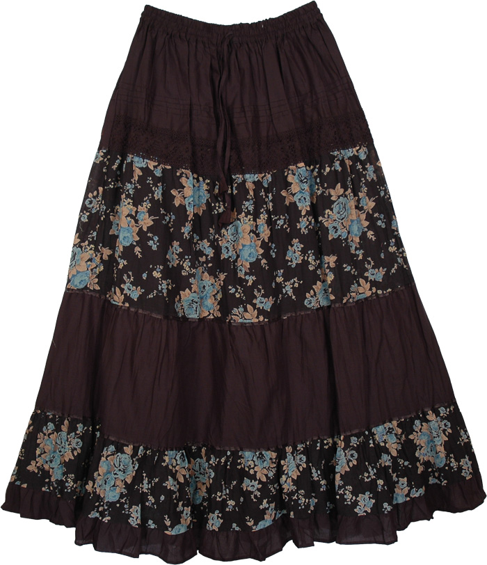 Black Bali Blue Floral Cotton Long Skirt