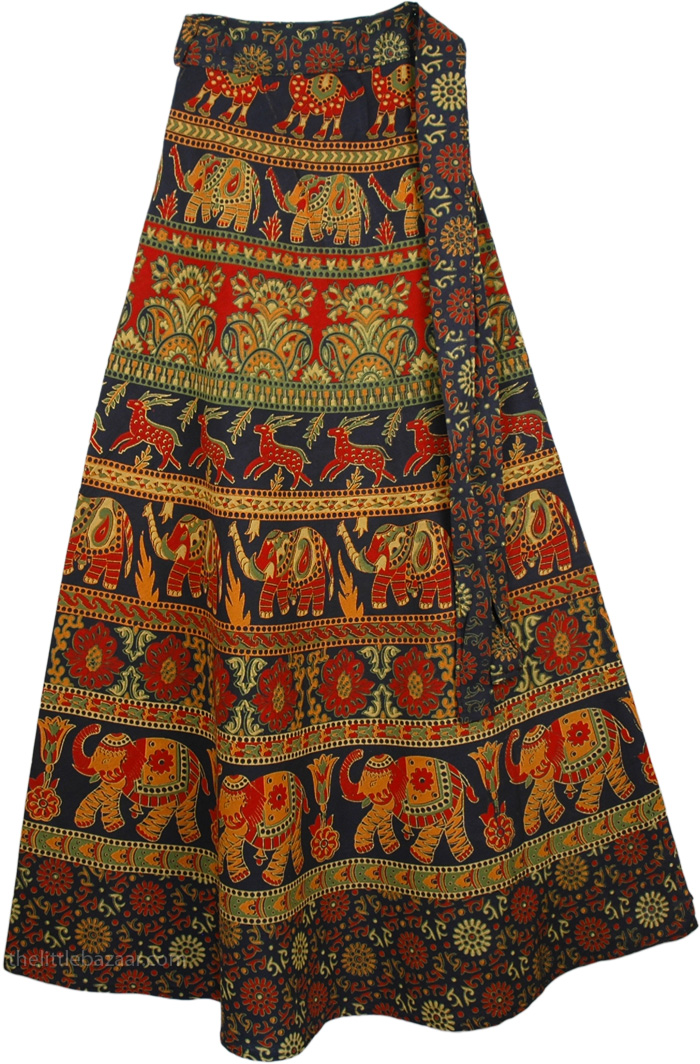 Animal Green Ethnic Long Wrap Skirt