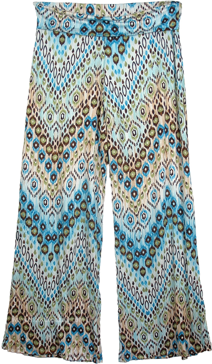 Yoga Pants Blue Printed Fold Over Waist