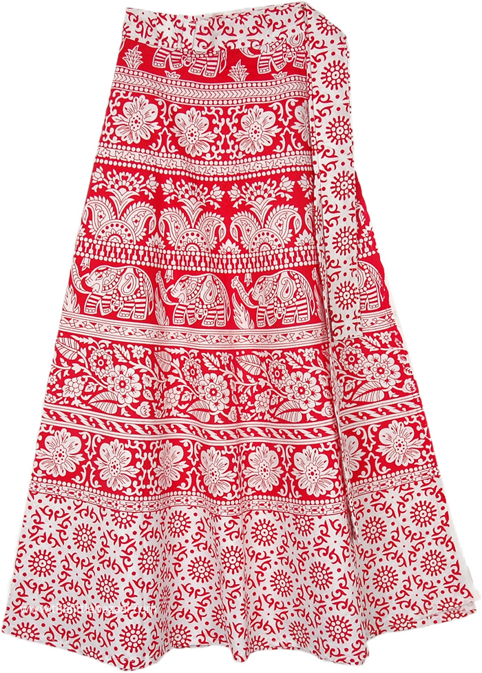 Candy Red Wrap Skirt with Elephant Block Print