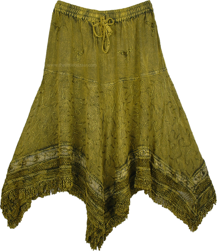 Fringed Handkerchief Hem Embroidered Skirt