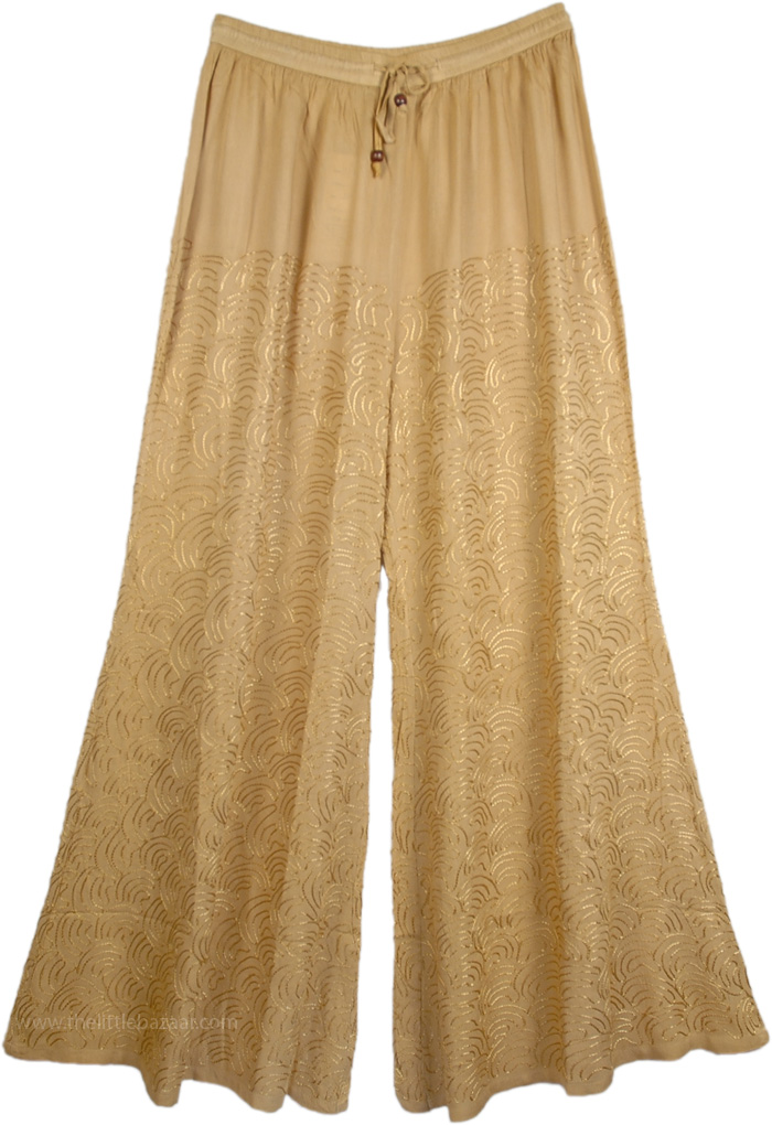 Biege Embroidered Womens Wide Leg Pant