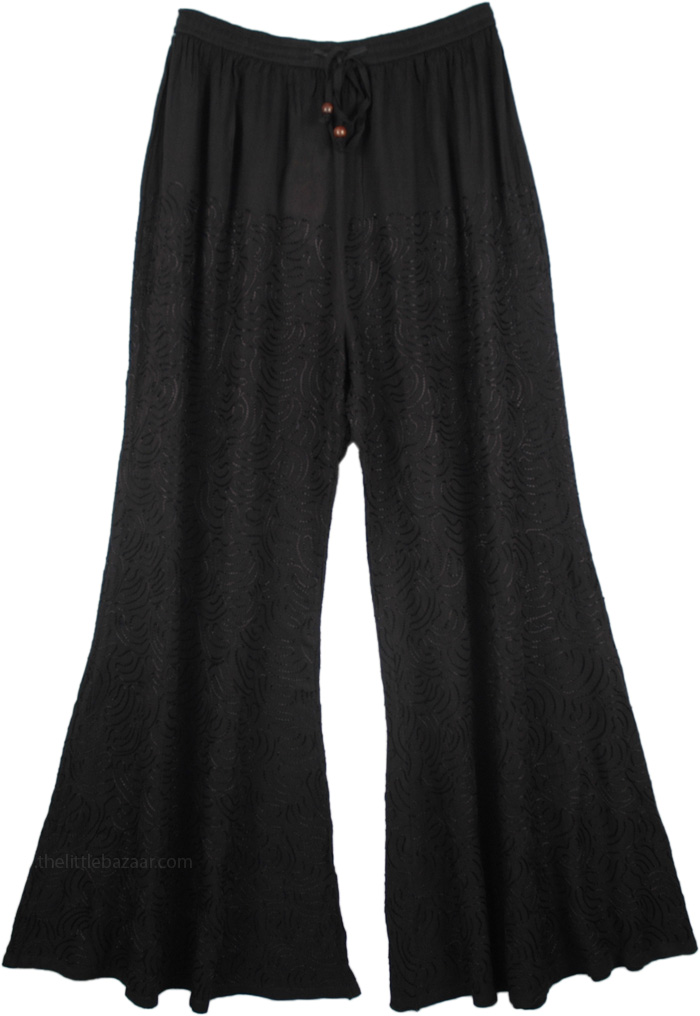 Black Embroidered Rayon Wide Leg Lounge Pants