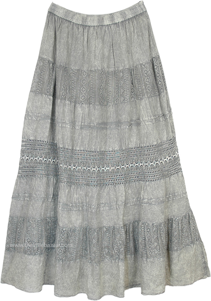 Platinum Maxi Skirt with Crochet and Stonewash Look