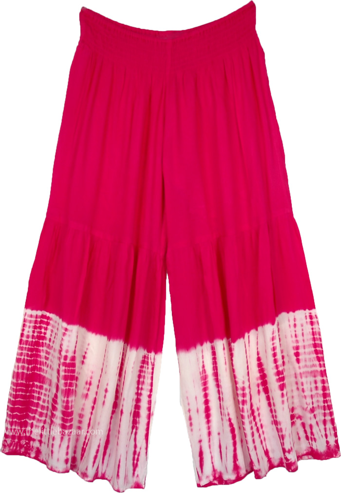 Crimson Pink Boho Pants with Tie Dye Wide Bottom in XL