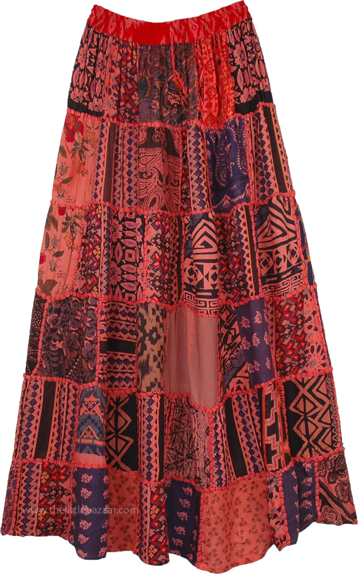 Spanish Punch Red Gypsy Patch Tribal Skirt