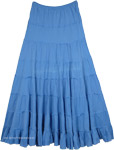 Solid Blue Flared Cotton Summer Skirt with Gathered Tiers