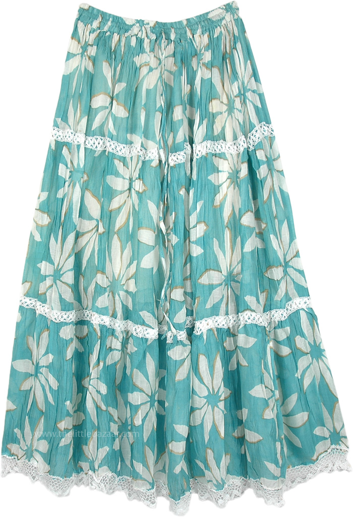 Sea Green Floral Printed Maxi Skirt with Lacework