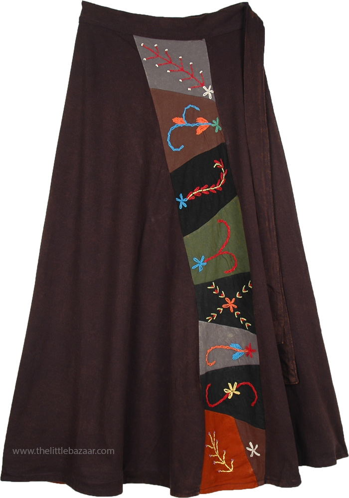 Black Petite Ankle Length Wrap Skirt with Tribal Patchwork