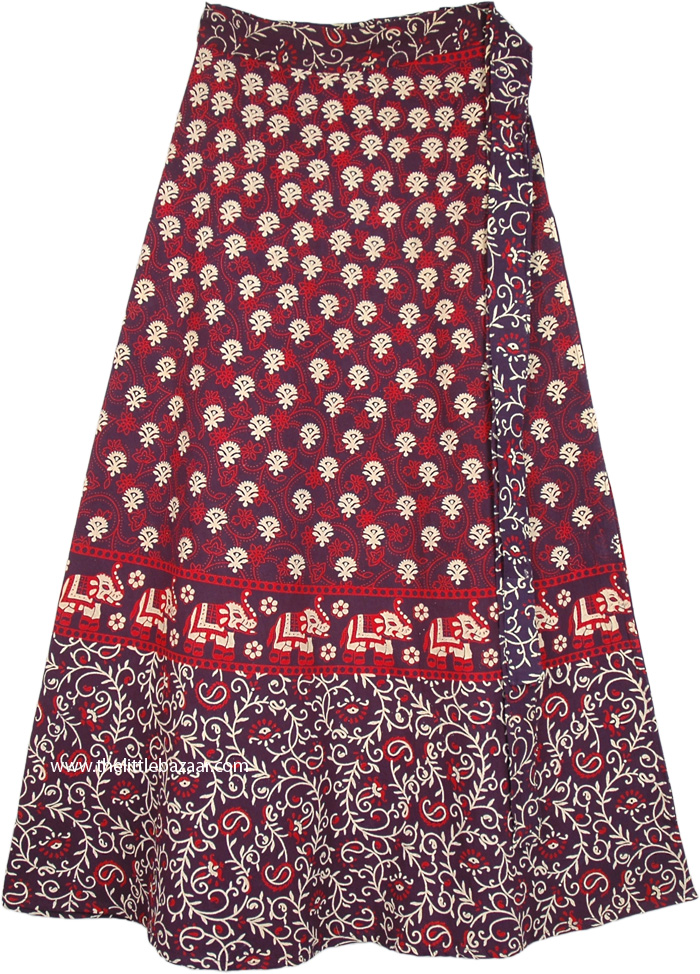 Wrap Style Indian Cotton Long Skirt with Elephant Print
