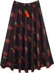 Flared Festive Long Black Skirt with Floral Print