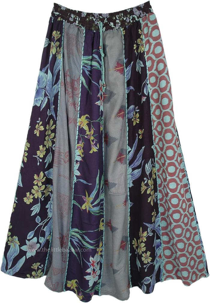 Blue Tones Floral Patchwork Boho Long Skirt