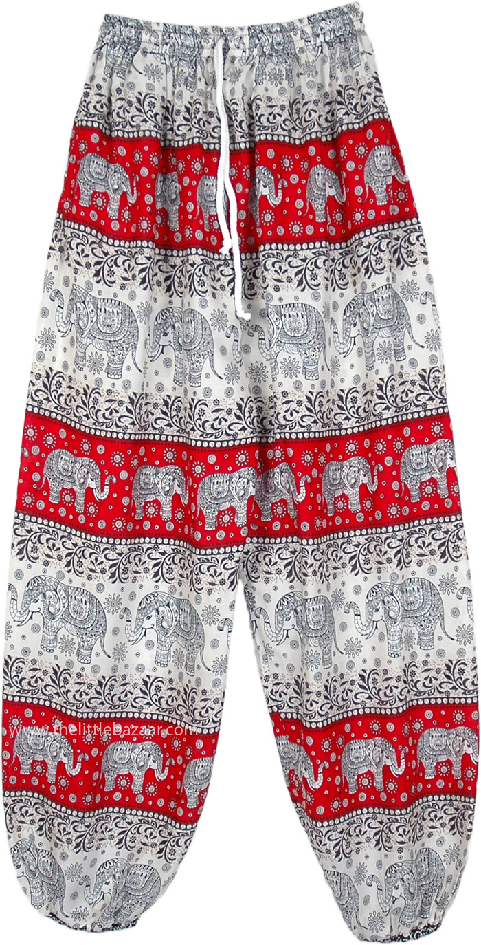 Red Elephant Print Harem Pants with Elastic Bottom
