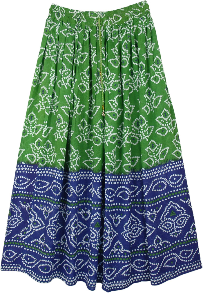 Green Blue Festival Block Print Rayon Long Skirt