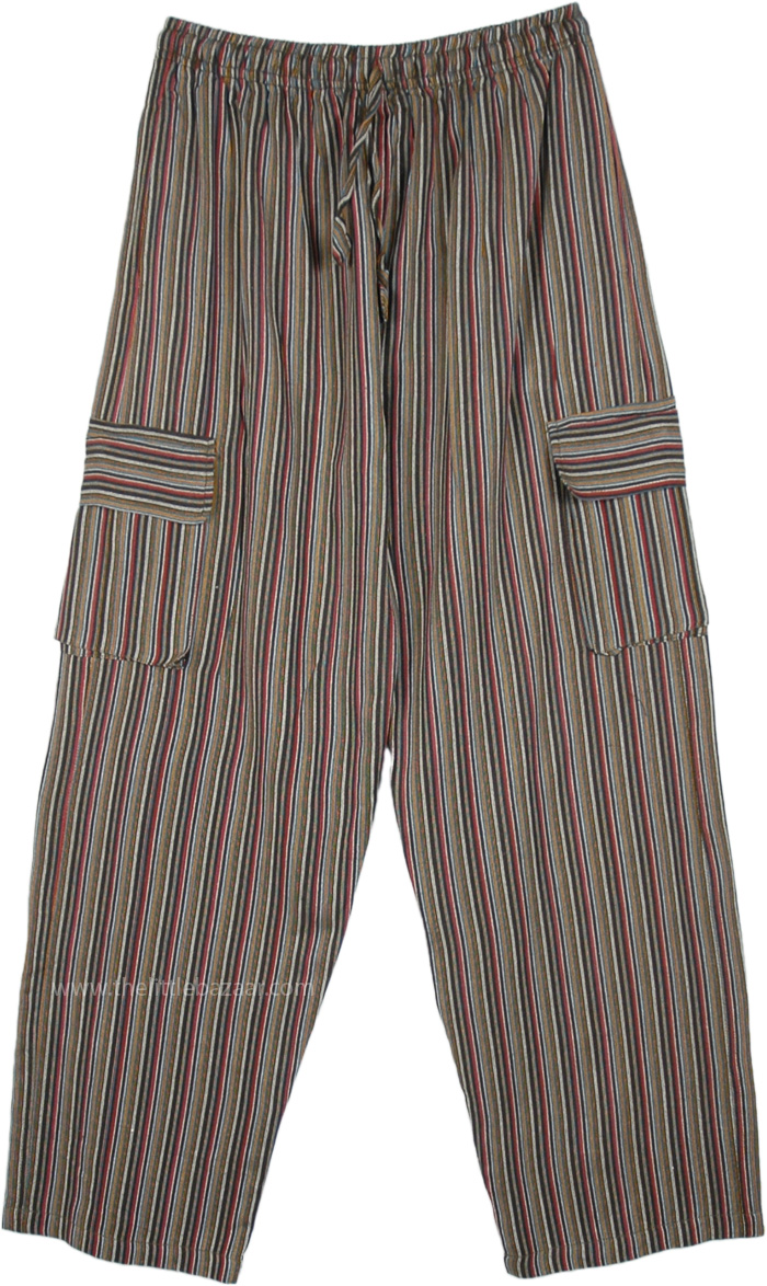 Khaki Striped Cotton Unisex Boho Pants with Pockets