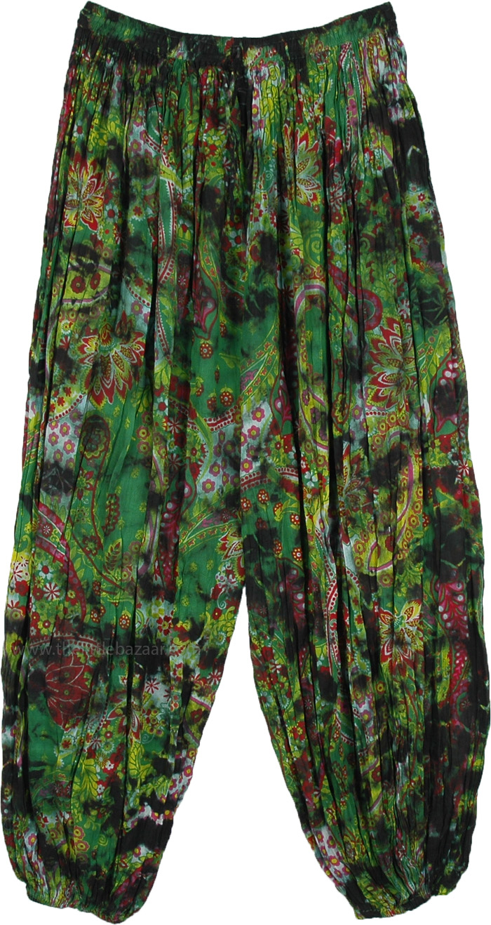 Crete Green Crinkled Cotton Ankle Elastic Pants