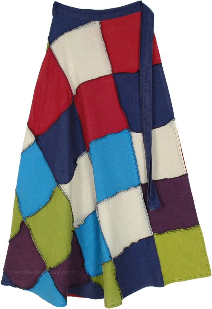 Multicolored Cotton Patchwork Long Wrap Around Skirt