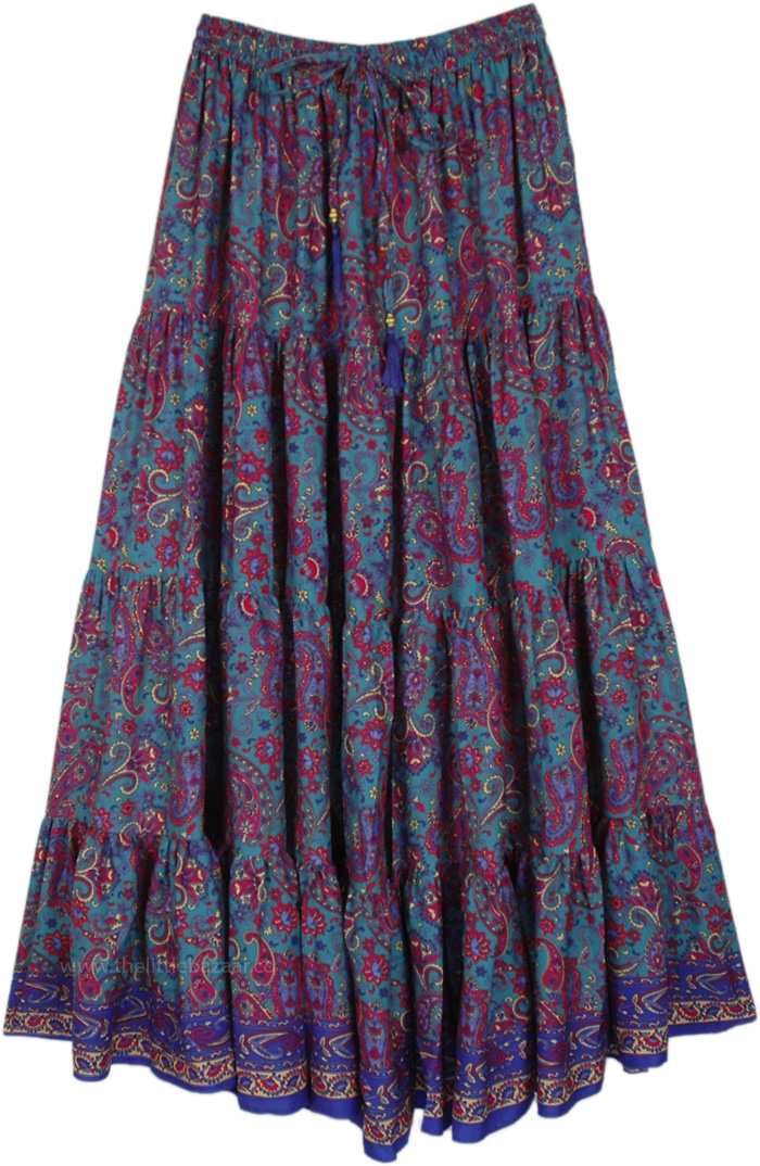 Jelly Bean Blue Paisley Bohemian Long Skirt