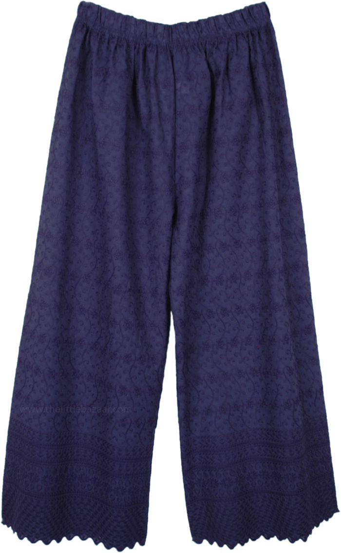 Indigo Ink Blue Wide Leg Embroidered Cotton Pants