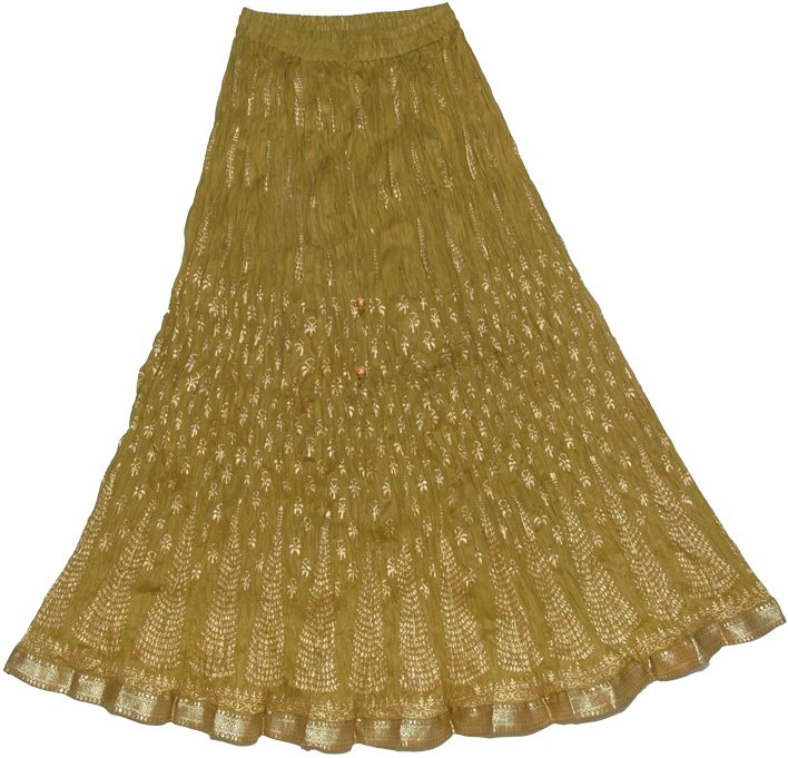 Golden Block Print on Olive Crinkle Skirt 