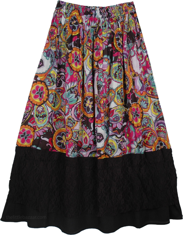 Multi Colored Print Black Casual Long Cotton Lace Skirt