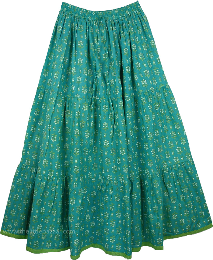 Aqua Forest Cotton Print Long Skirt