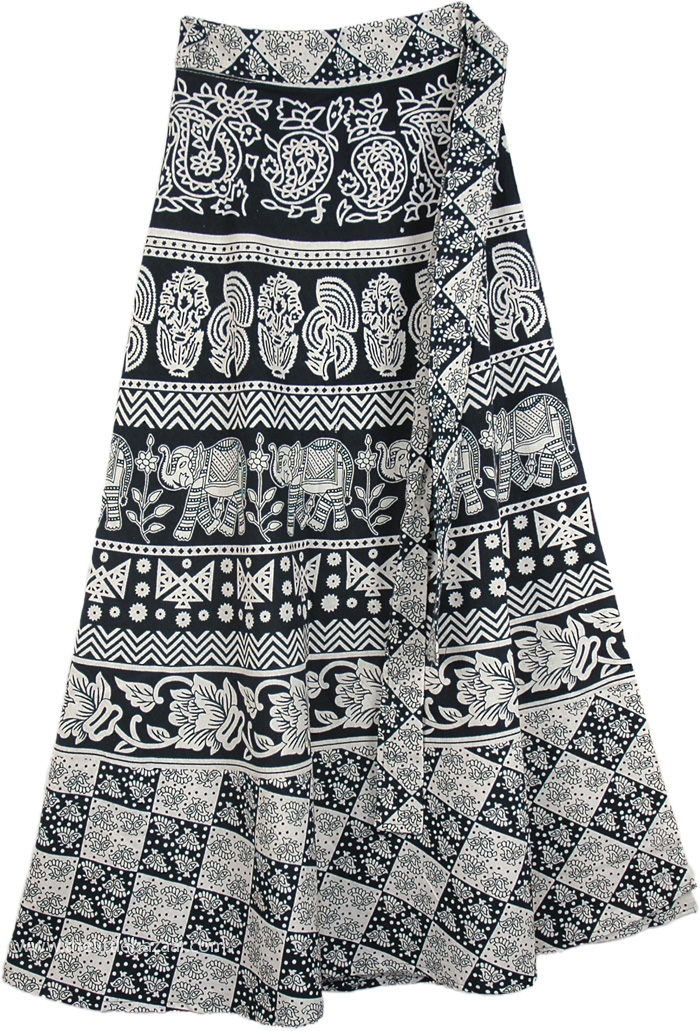 Abstract Elephant Parade Wrap Around Skirt in Black and White