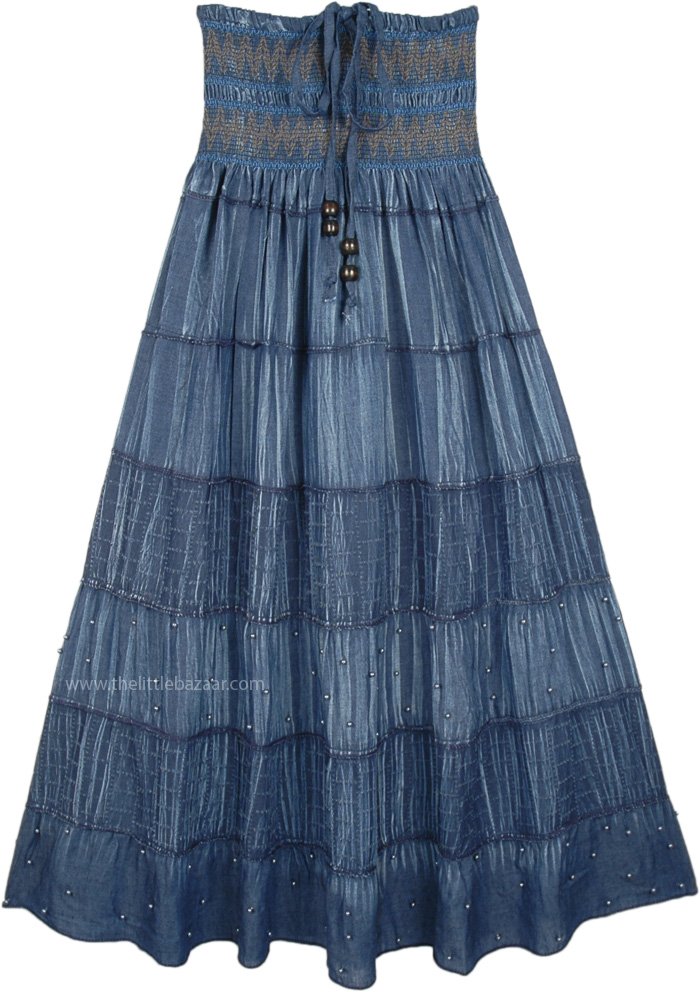 Denim Blue Smocked Waist Long Tiered Skirt Dress with Beads