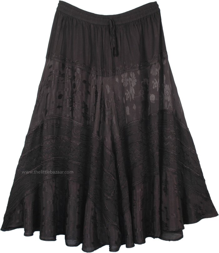 Black Embroidered Western Style Midi Length Skirt