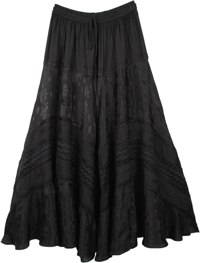 Midnight Black Boho Embroidered Rayon Renaissance Skirt