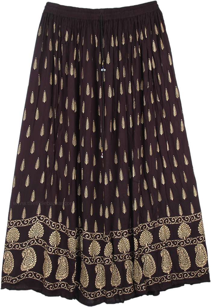Deep Black Gold Painted Rayon Long Skirt
