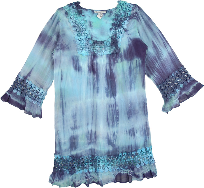 Blue Tie Dye Top Blouse Tunic with Crochet Lace