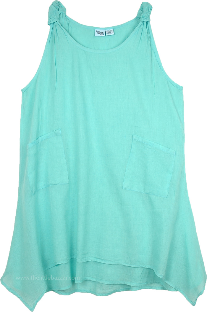 Sea Green Asymmetrical Hem Cotton Summer Tank Style Dress