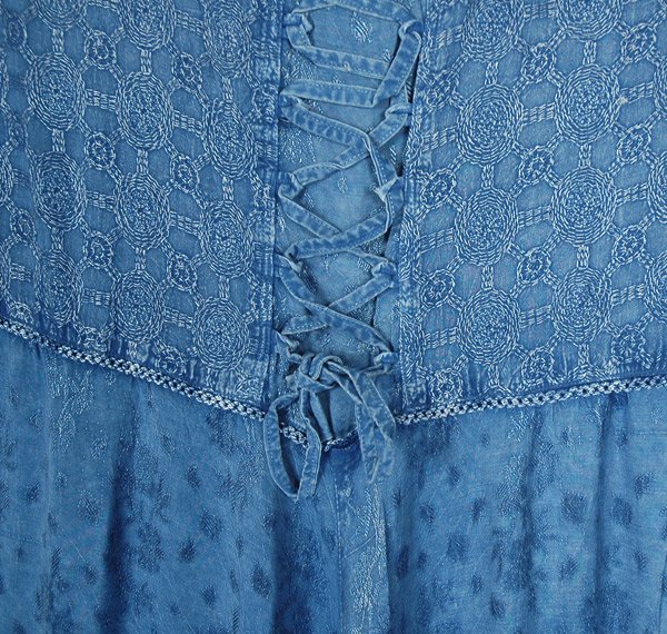 Front Lace Embroidered Stonewashed Short Dress in Denim Blue