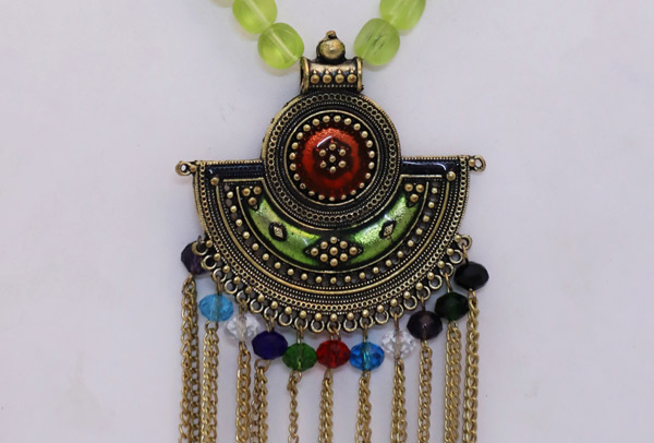 Lime Green Bead Tribal Pendant Necklace Gold Toned