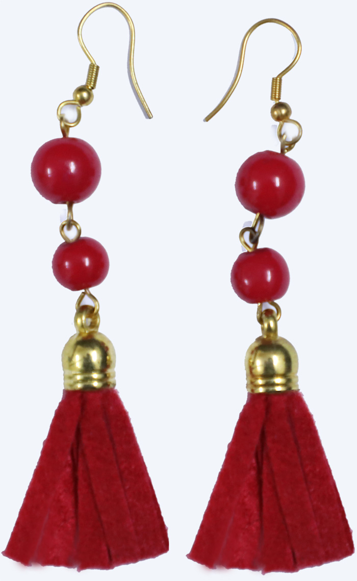 Gold Tone Danglers with Crimson Felt Tassels and Beads