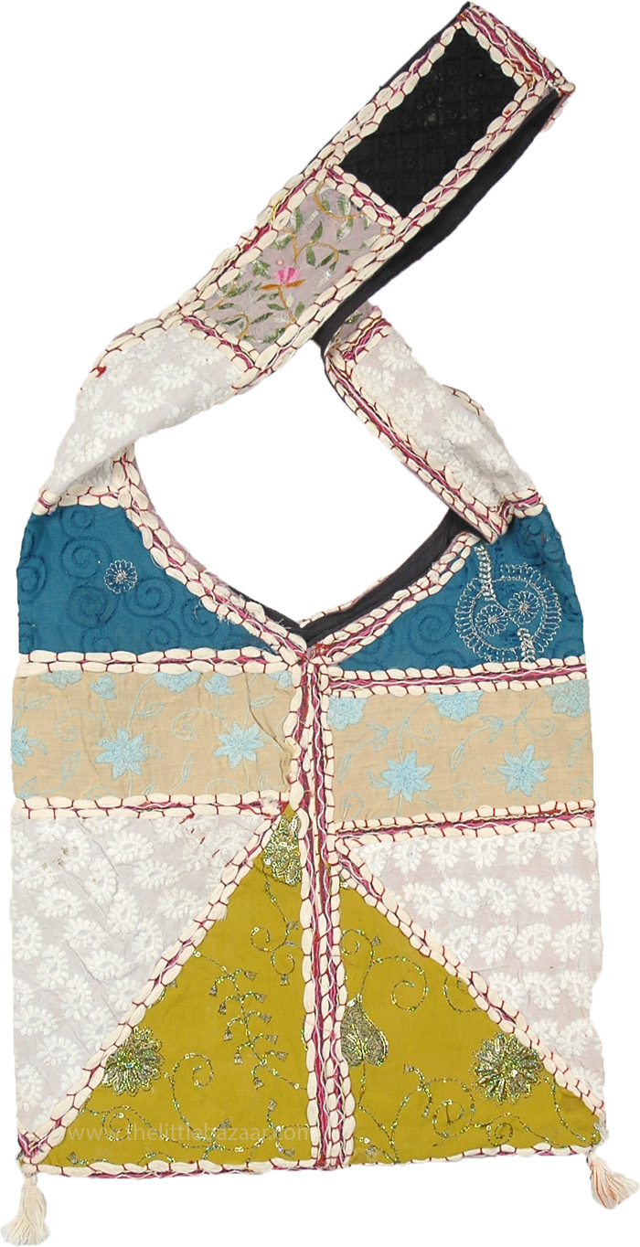 White Embroidered Bag with Blue and Green Patches