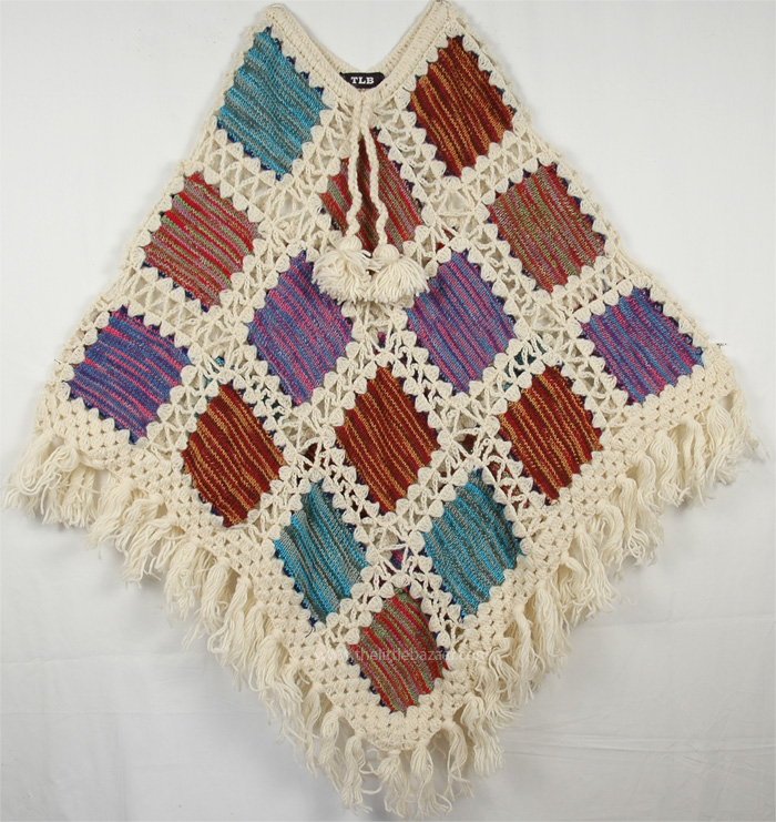 White Givry Fall Crochet Cotton Wool Poncho