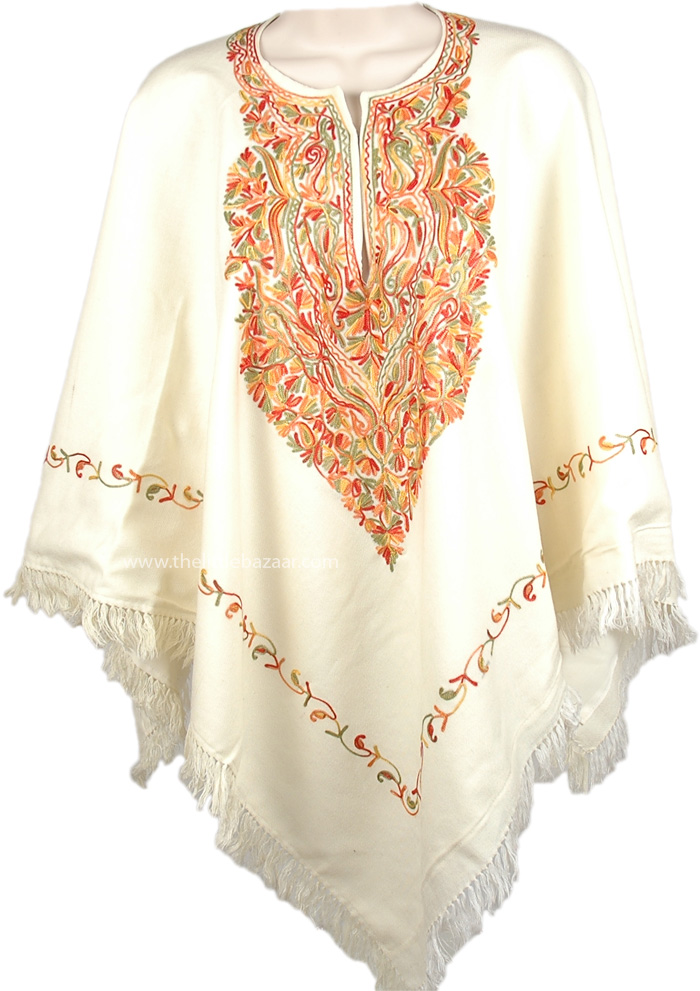 Colorful Floral White Wool Poncho Drape