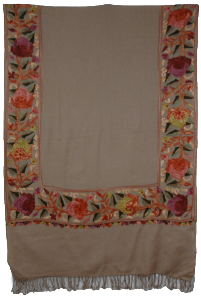 Floral Border Khaki Embroidered Scarf