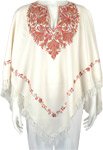 Creamy White Kashmiri Wool Poncho with Floral Embroidery