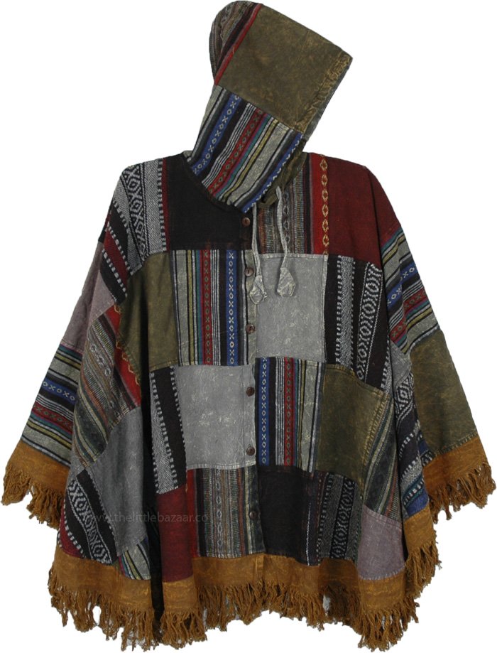 Asphalt Patchwork Poncho Hoodie with Buttons and Fringes