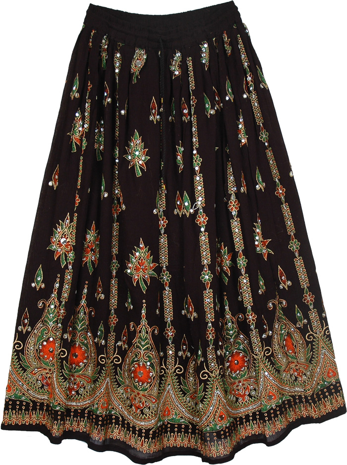 Black long cotton skirt with silver sequins, Black Sequin with Orange Motif